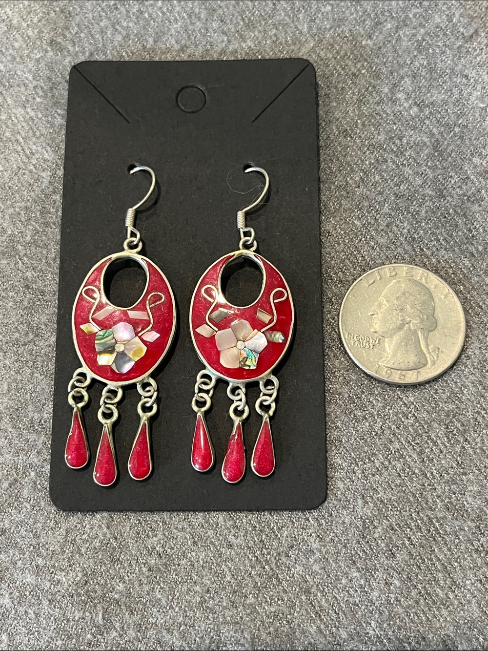 Alpaca Silver Abalone &Red Enabled Earrings - Picture 2 of 5